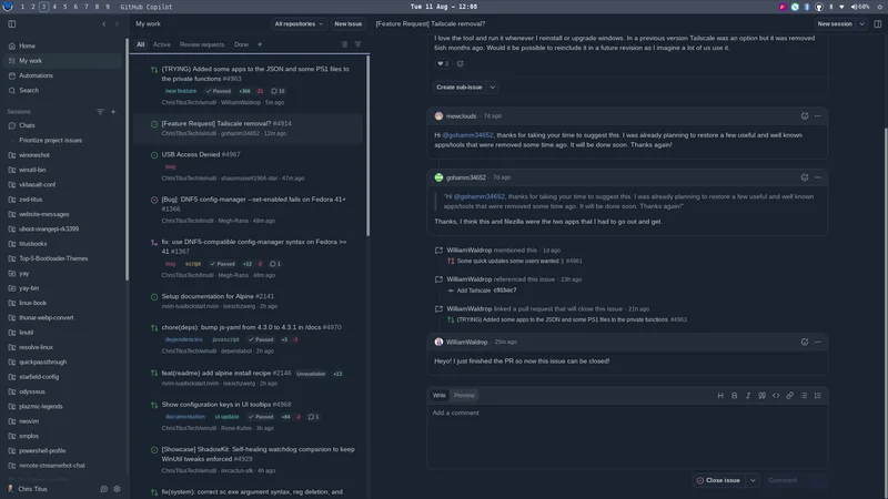 GitHub Copilot app My work view with issues and pull requests from connected repositories