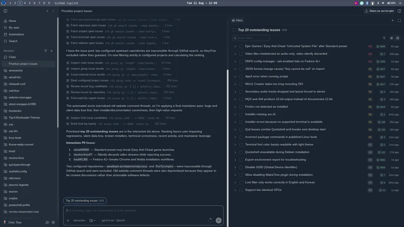 GitHub Copilot ranking the top 20 outstanding issues across many repositories